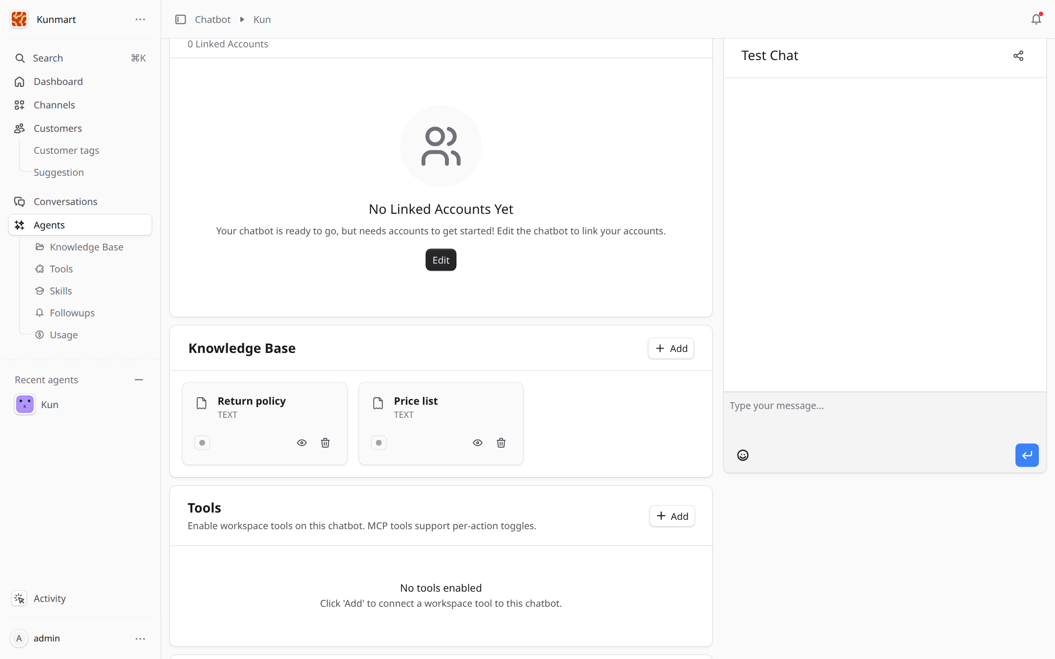 The agent page with the knowledge base and tools sections and the test chat