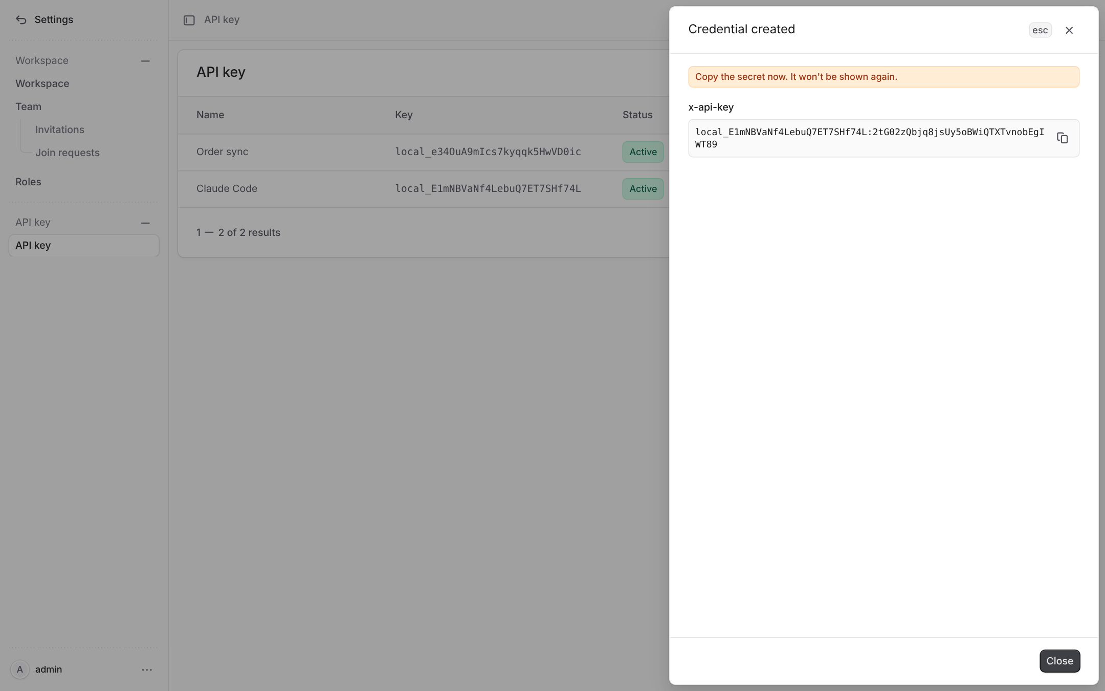 The new key, shown once under x-api-key with a copy button