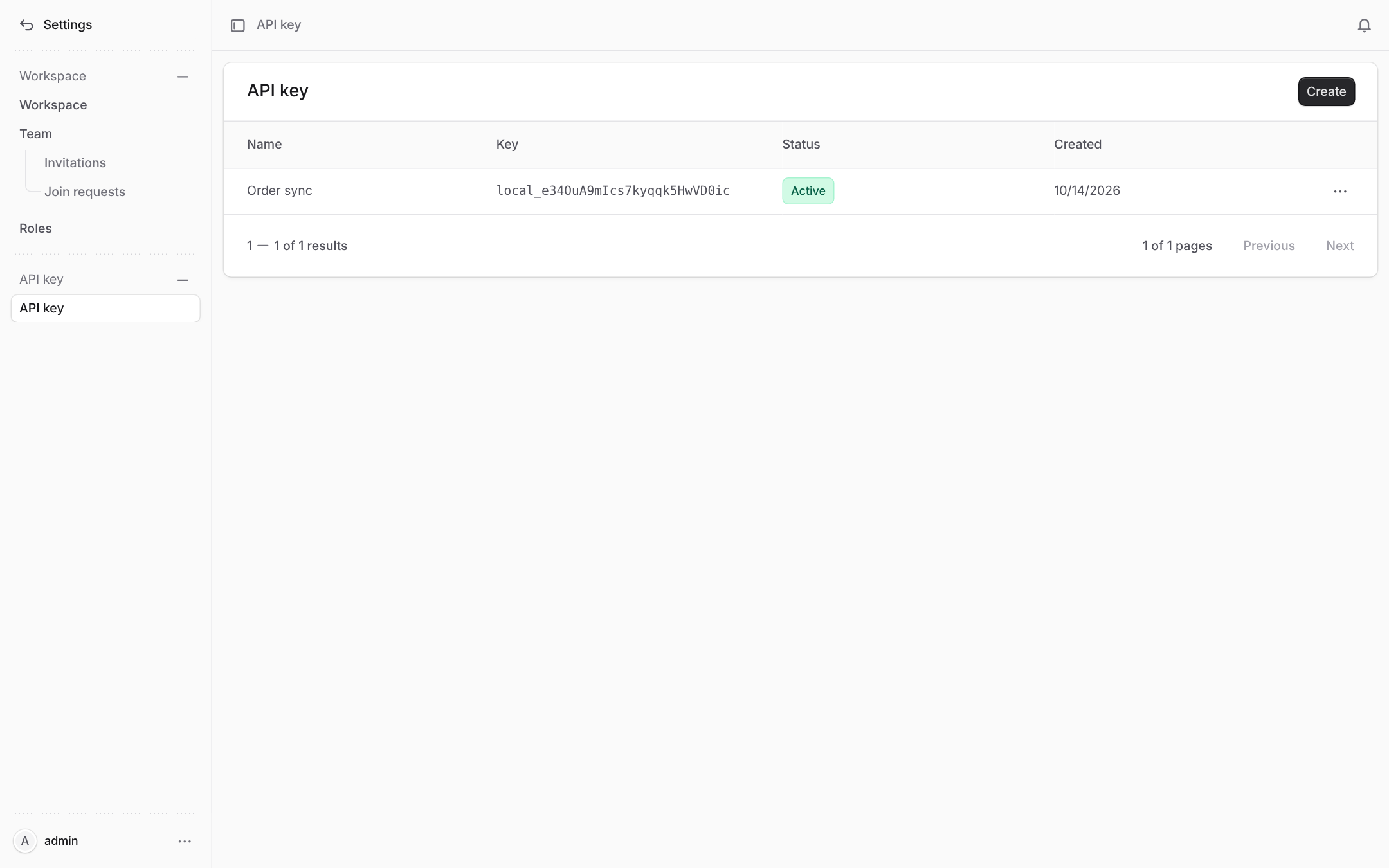 The API key page in Settings, with the workspace's keys and the Create button