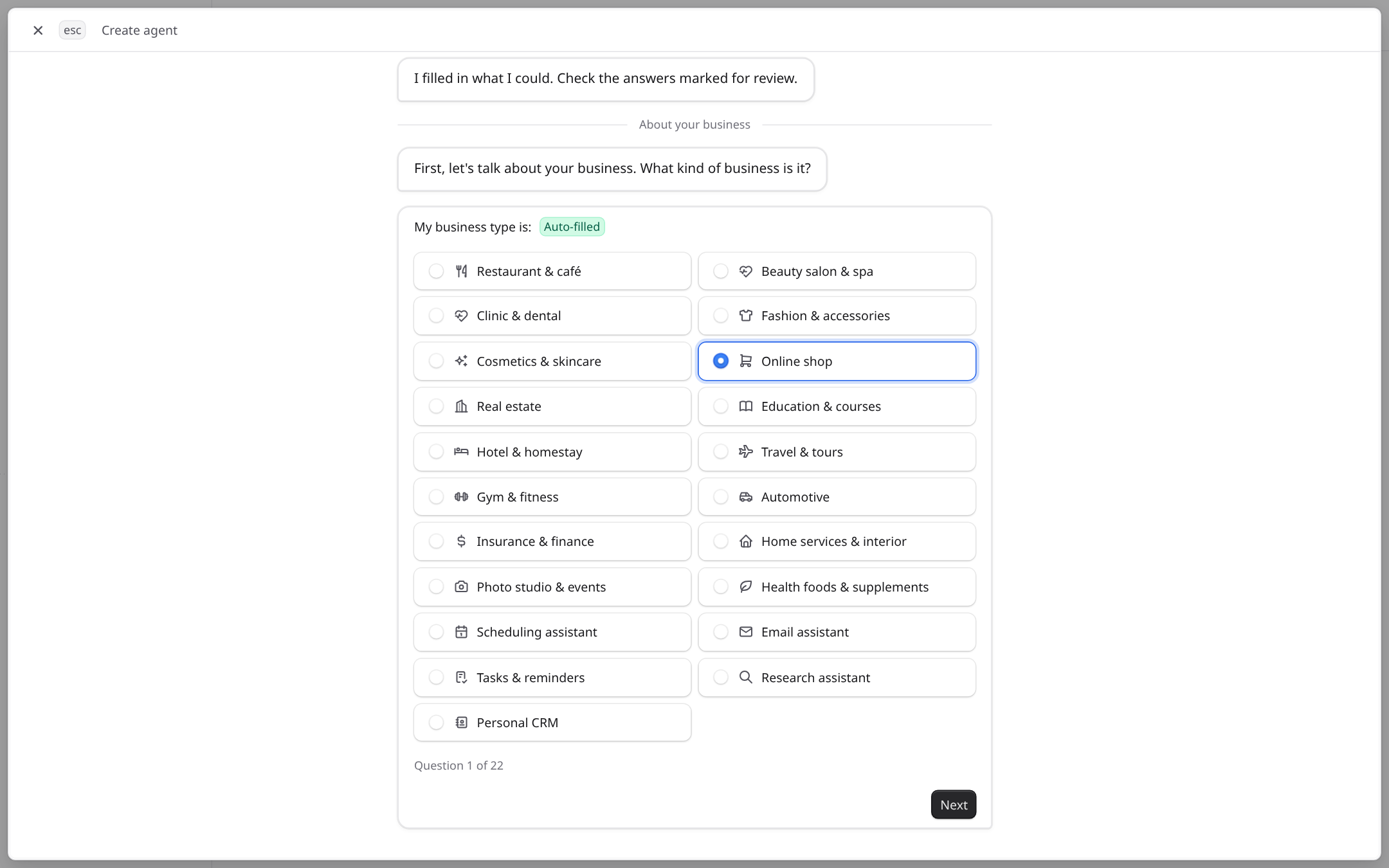 A builder question with an auto-filled answer and the question counter