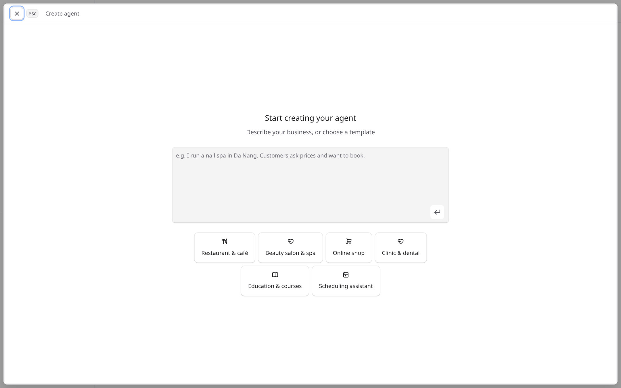 The agent builder start screen with a description box and business templates