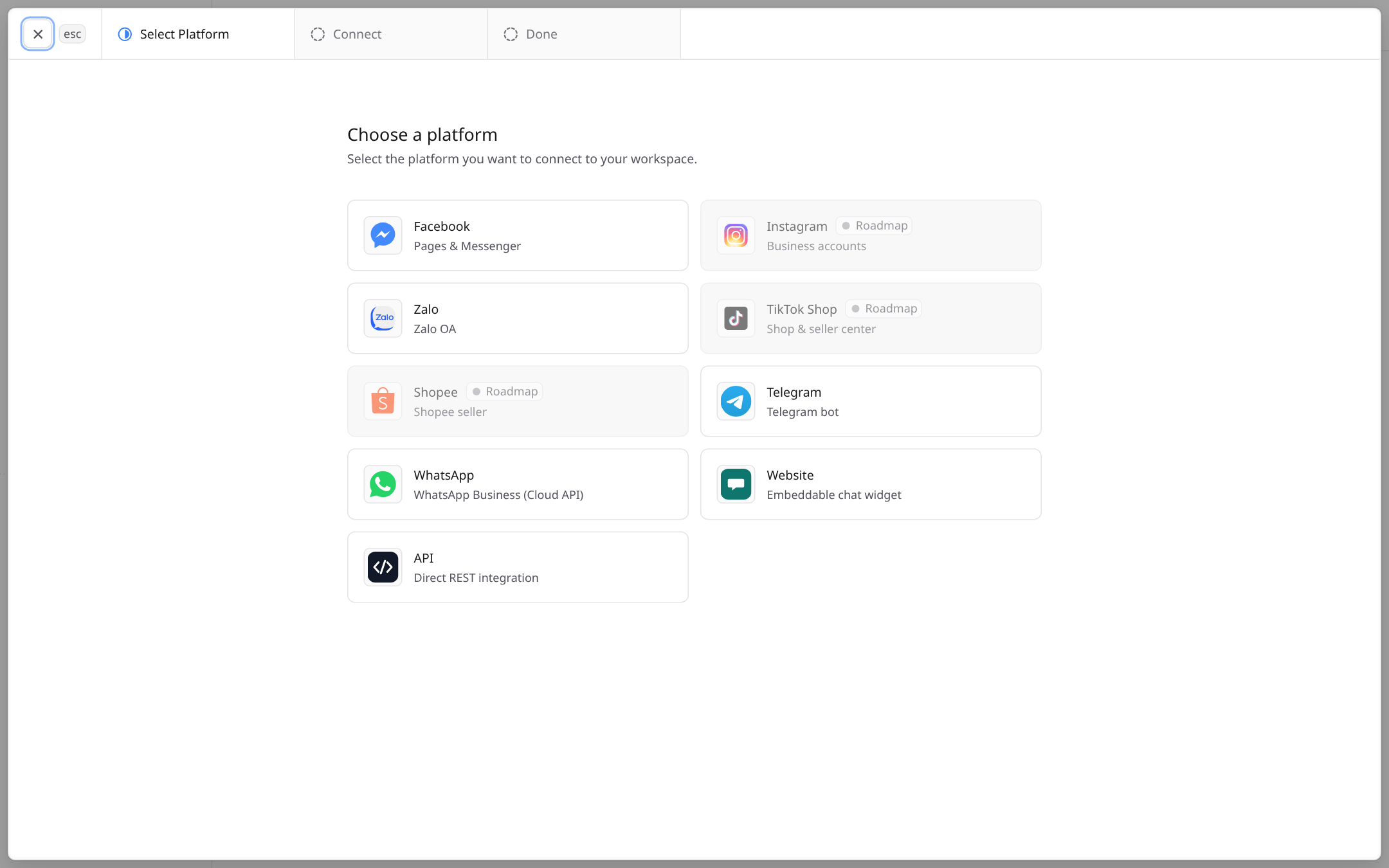 The platform picker with Facebook, Zalo, Telegram, WhatsApp, Website and API
