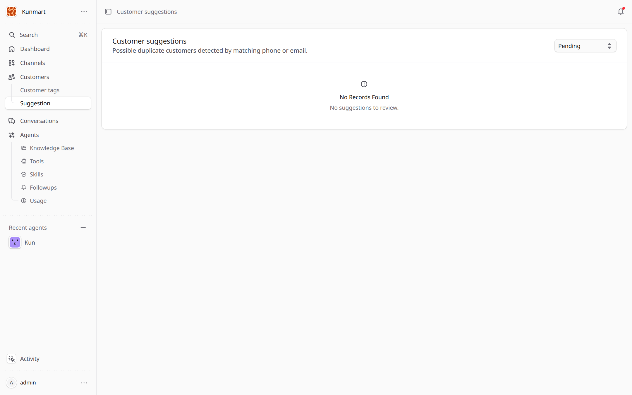 The customer suggestions page with pending suggestions