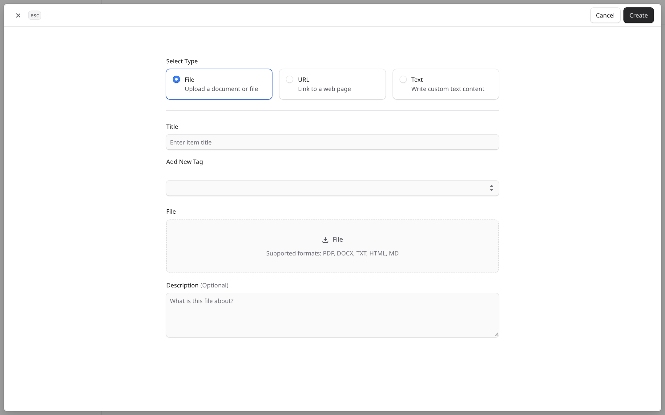 The create item form with File, URL and Text options