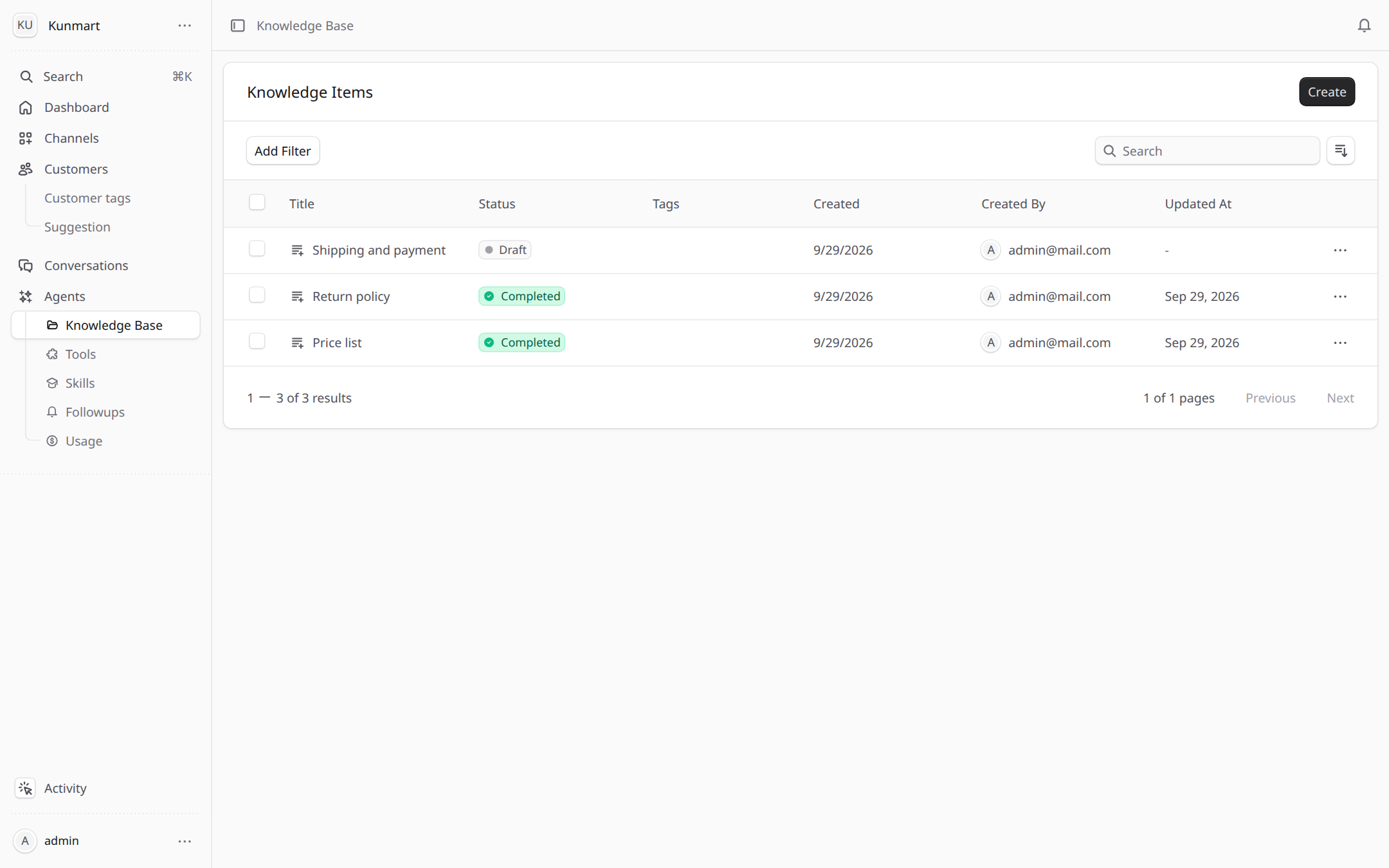 The knowledge base list with processed and draft items