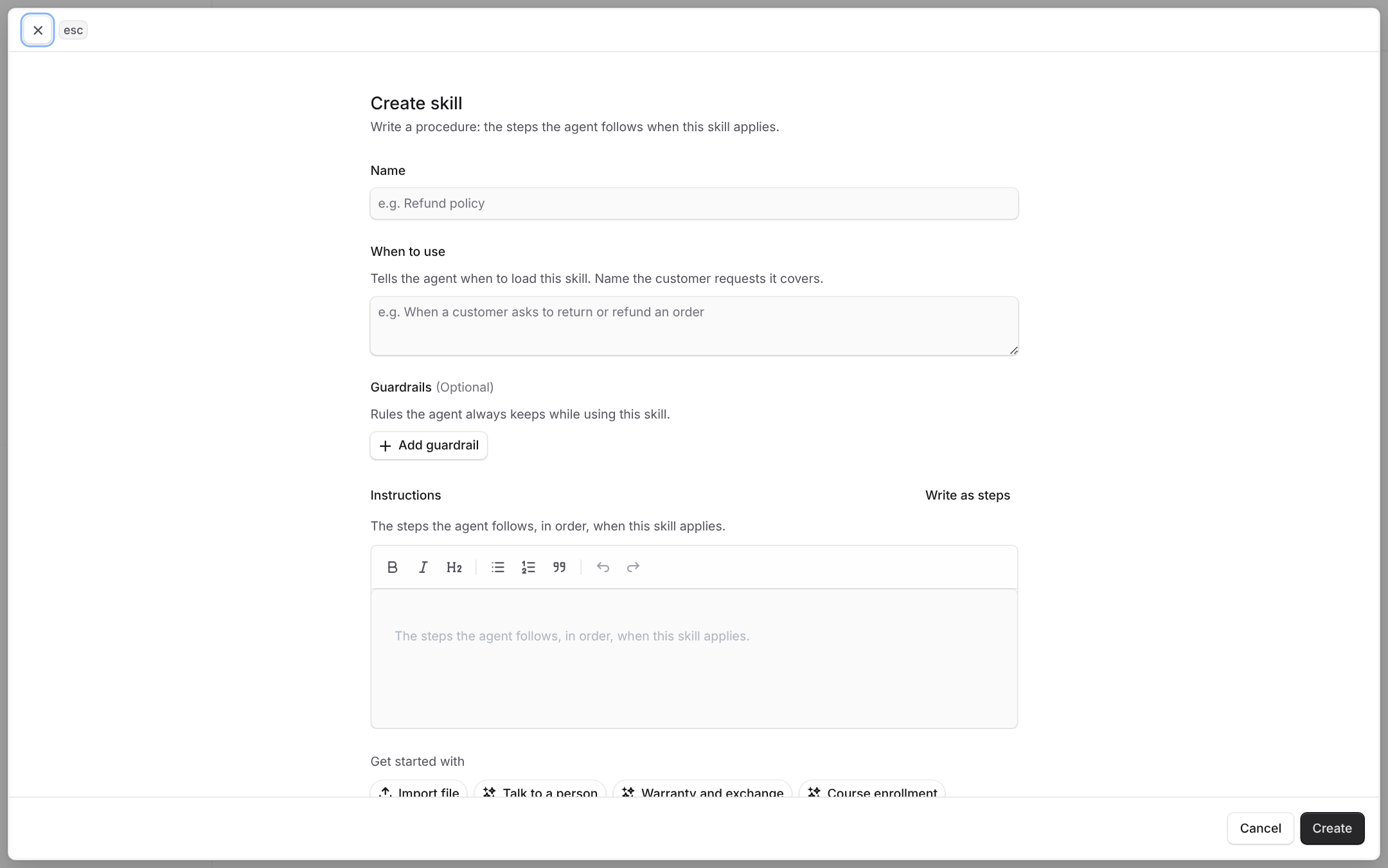 The create skill form with the Get started with row of templates