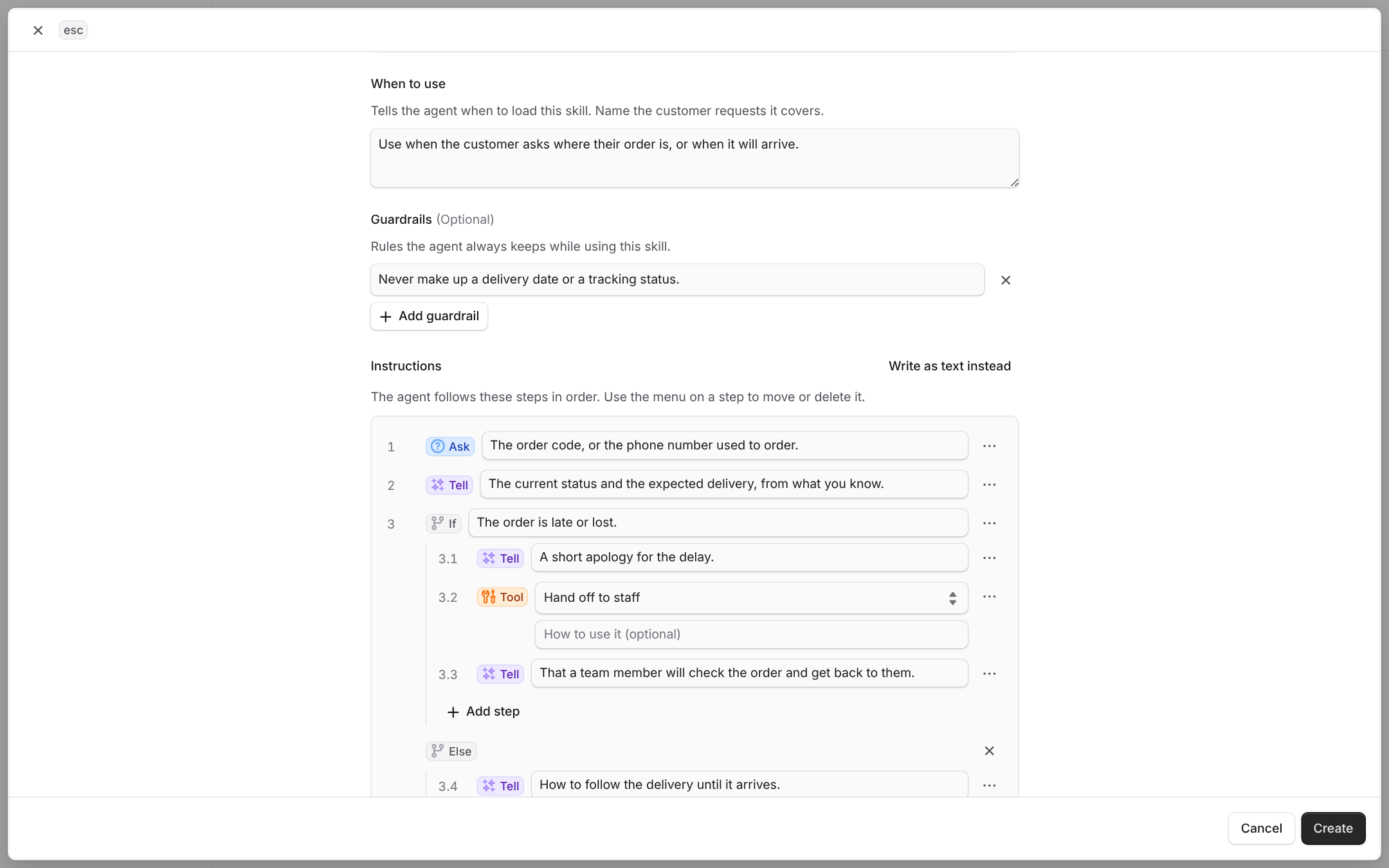 A skill written as steps, with an If, an Else and a Tool step that hands off to staff