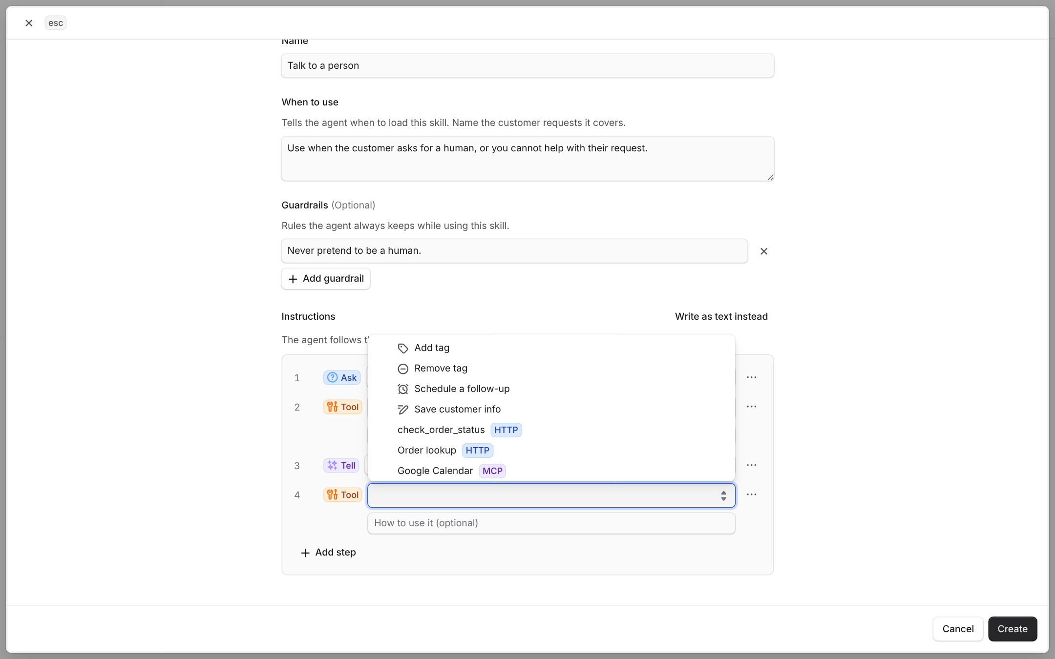 The tool picker of a Tool step, with built-in actions and the workspace's HTTP and MCP tools