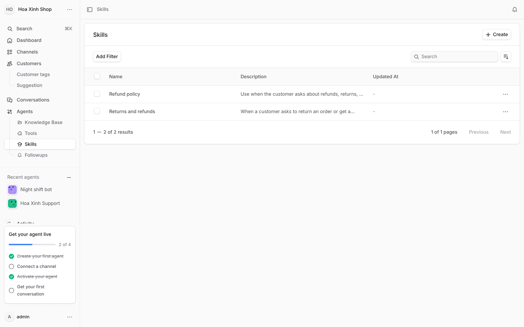 The skills list with the Create button