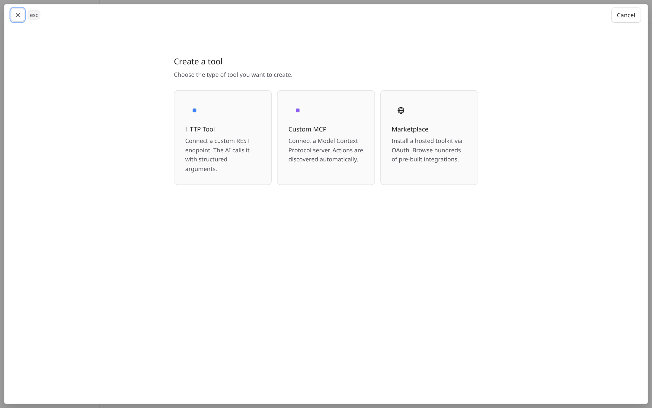 The tool type picker with HTTP Tool, Custom MCP and Marketplace