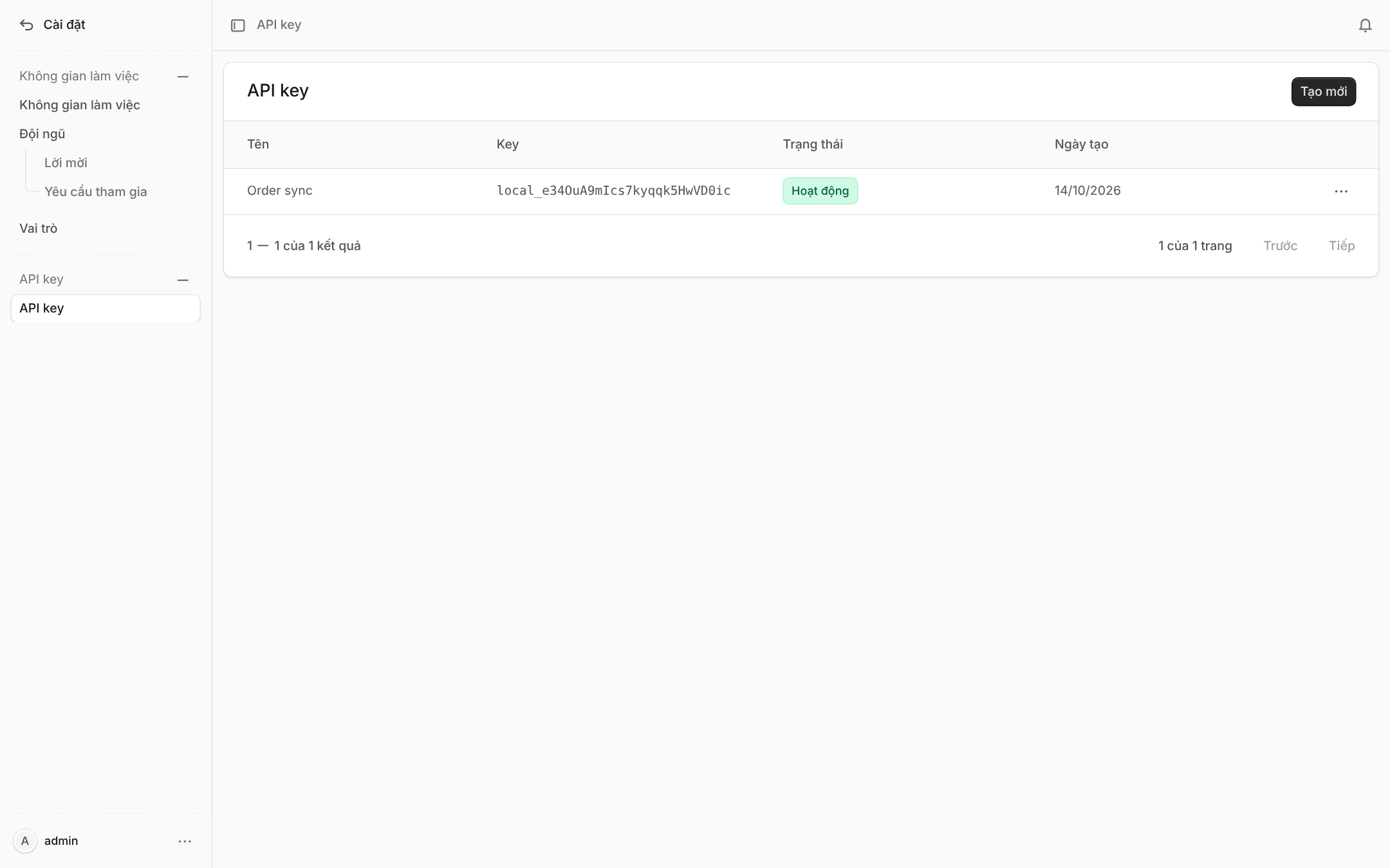 Trang API key trong Cài đặt, với các key của workspace và nút Tạo mới